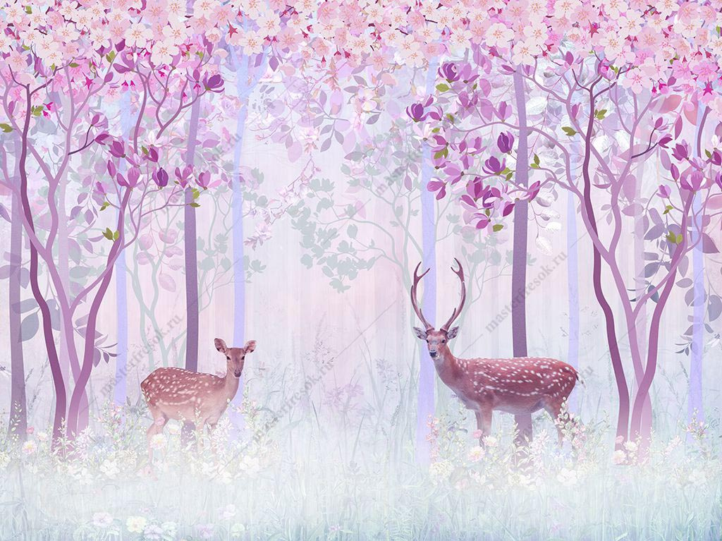 Фотообои Розовый лес с оленем